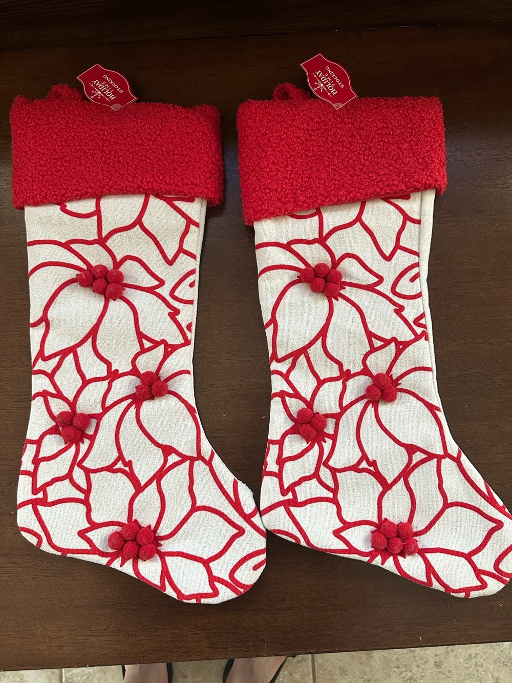 Holiday Time Red and White Poinsettia Holiday Stockings - Set of 2